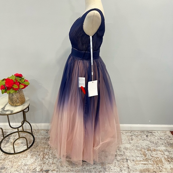 Mac Duggal 20403 Indigo Ombré Tulle Sleeveless V-Neck Midi Dress - Reemoly